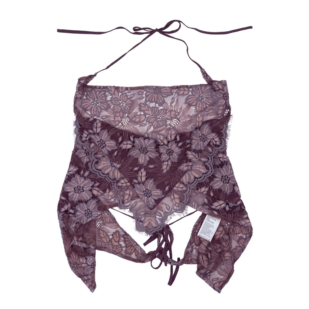 Free People Floral Lace Halter Top Open Back Tie Handkerchief Hem Boho Purple